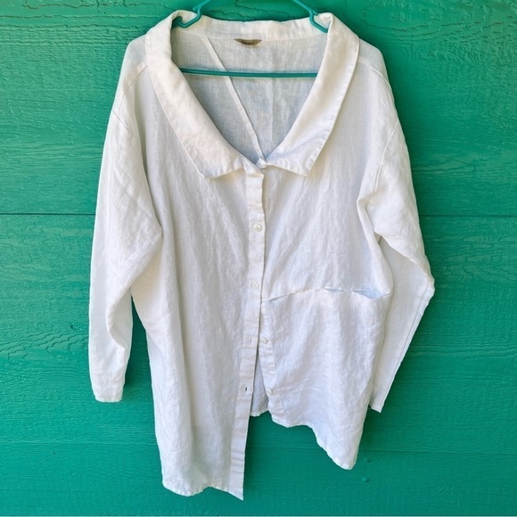 AAKASHA LINEN ARTSY LAGENLOOK WHITE BUTTON DOWN ASYMMETRICAL TUNIC SIZE LARGE - Picture 10 of 13